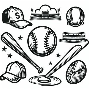 A black and white drawing of baseball equipment