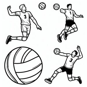 A black and white drawing of three men playing volleyball