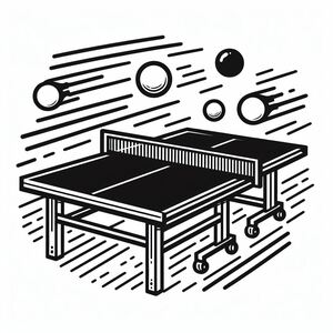 A black and white drawing of a ping pong table
