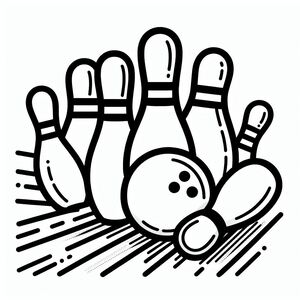 A black and white drawing of a bowling ball and pins
