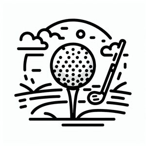 Một bản vẽ đen trắng của một quả bóng golf trên một tee