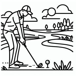 A black and white drawing of a man playing golf