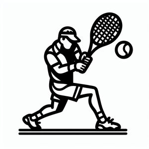 A black and white drawing of a man holding a tennis racket