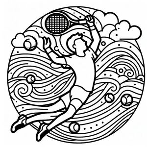 A black and white drawing of a tennis player 4
