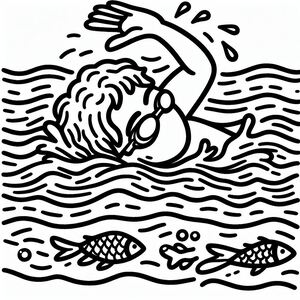 A black and white drawing of a person swimming