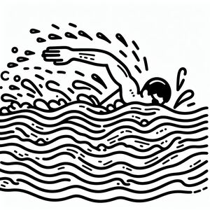 A black and white drawing of a swimmer in the water