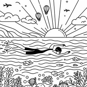 A drawing of a person swimming in the ocean