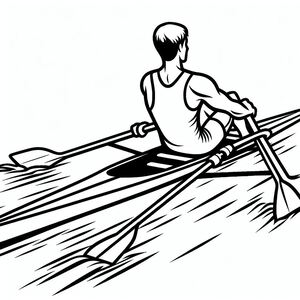 A black and white drawing of a man rowing a boat