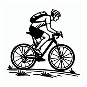 A black and white drawing of a man riding a bike 4
