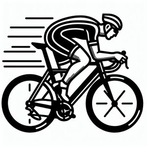 A black and white drawing of a man riding a bike