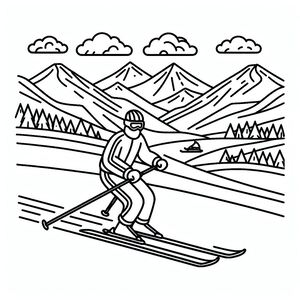 A black and white drawing of a person skiing