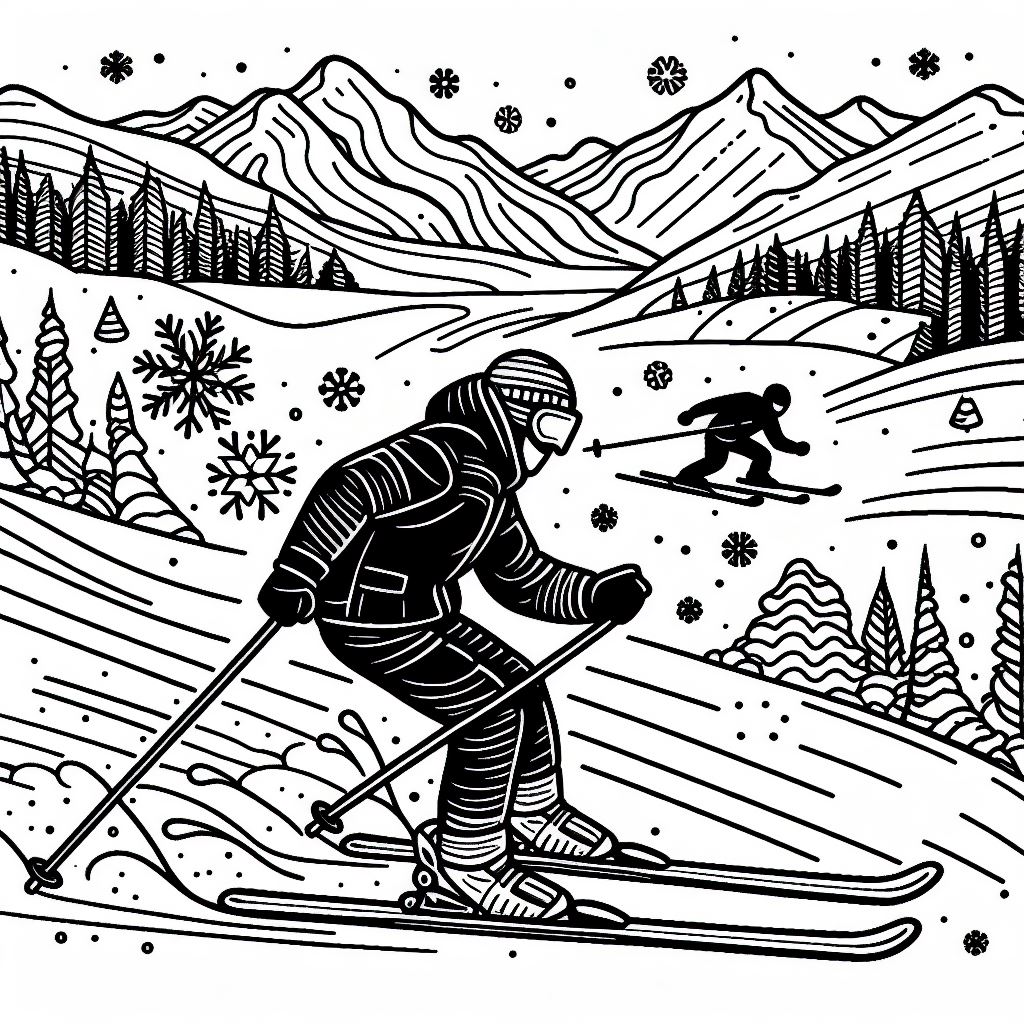 A black and white drawing of a skier