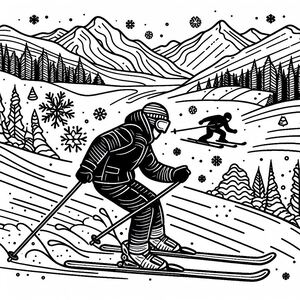 A black and white drawing of a skier