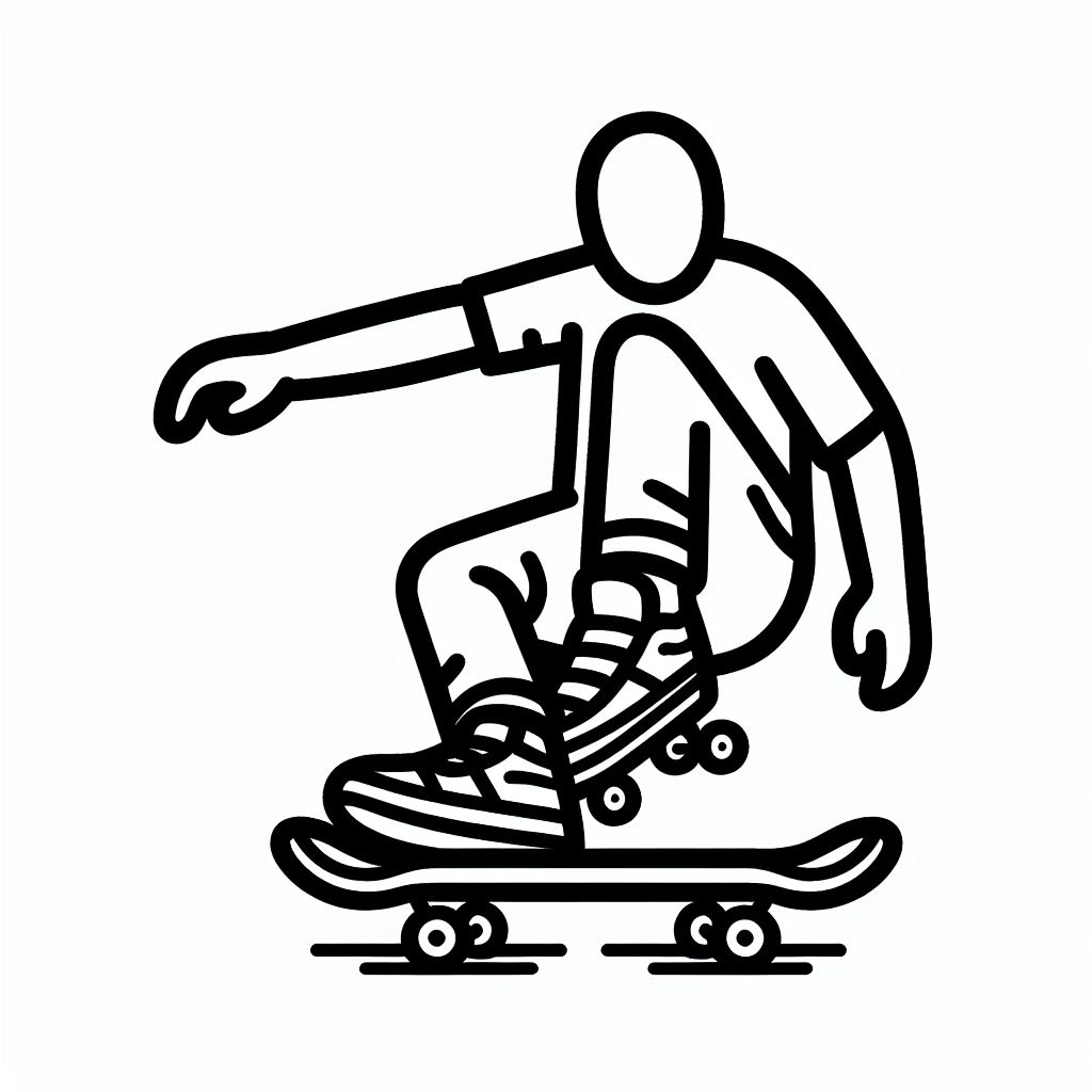 A black and white drawing of a person on a skateboard