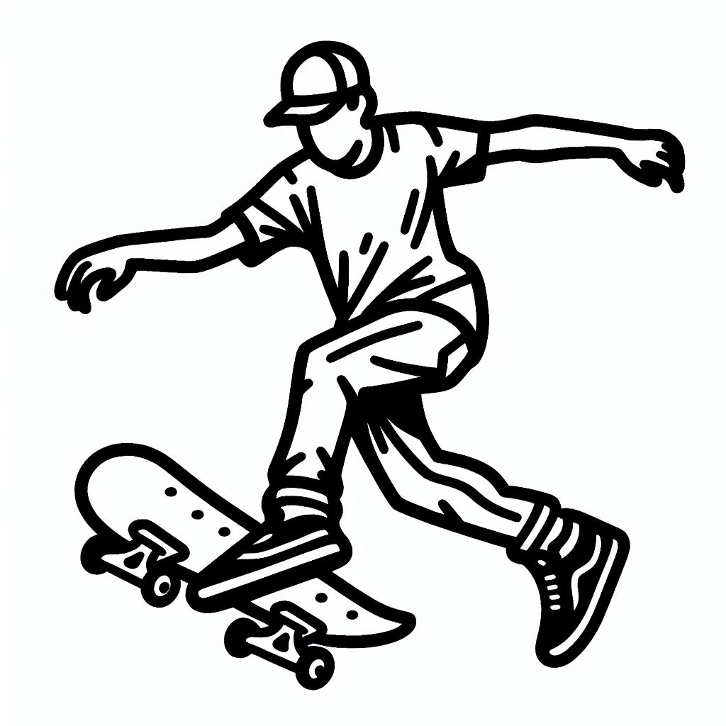 A black and white drawing of a skateboarder