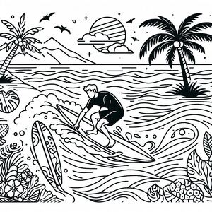 Một bức vẽ đen trắng của một người đàn ông lướt sóng 3