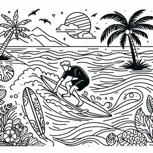 A black and white drawing of a man surfing 3