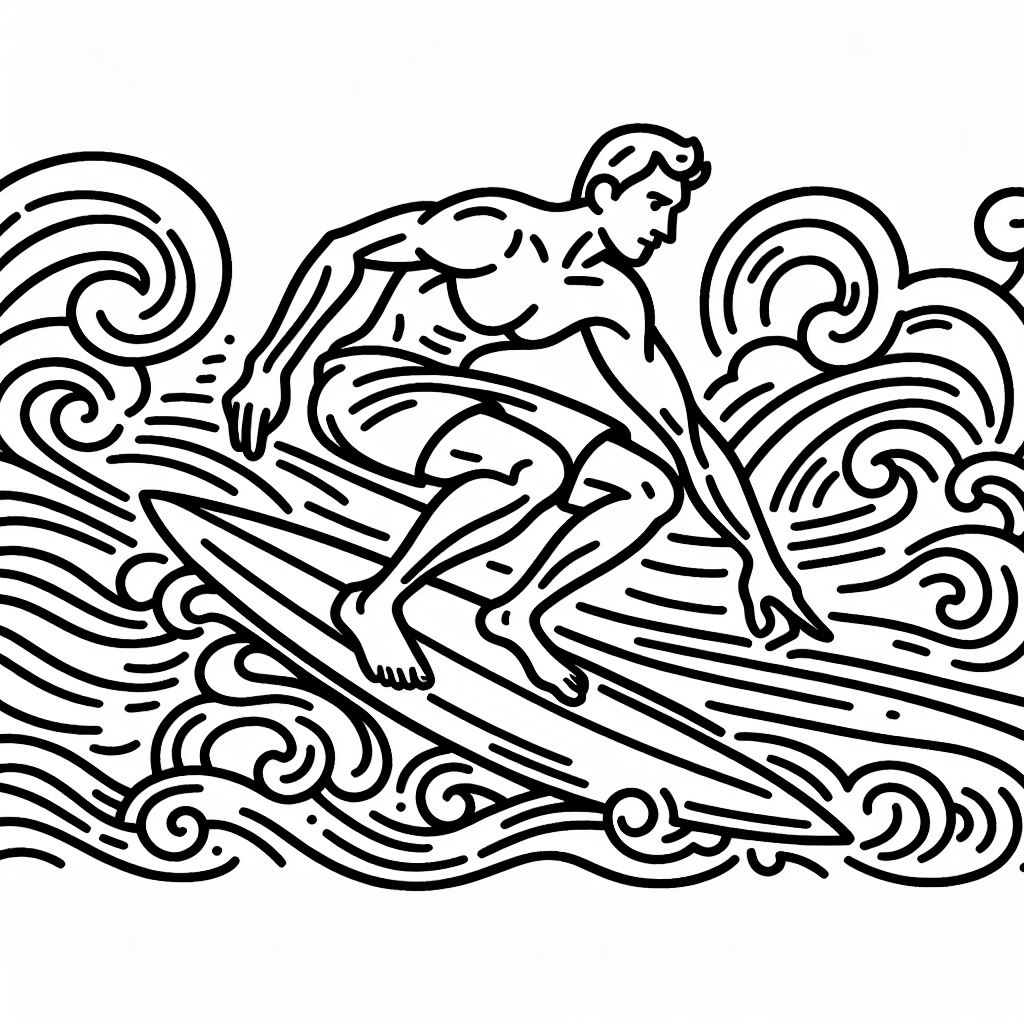 A black and white drawing of a man surfing