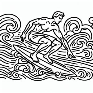 A black and white drawing of a man surfing