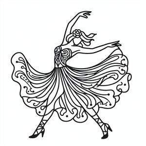 A black and white drawing of a woman dancing