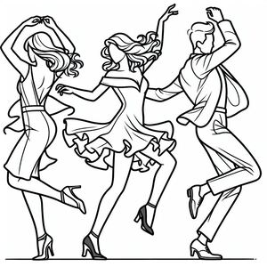 A black and white drawing of three people dancing