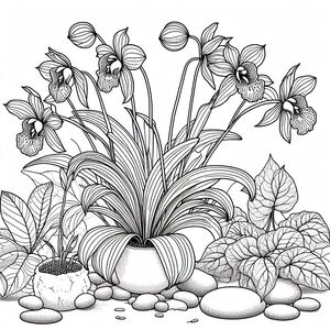 A black and white drawing of flowers and rocks