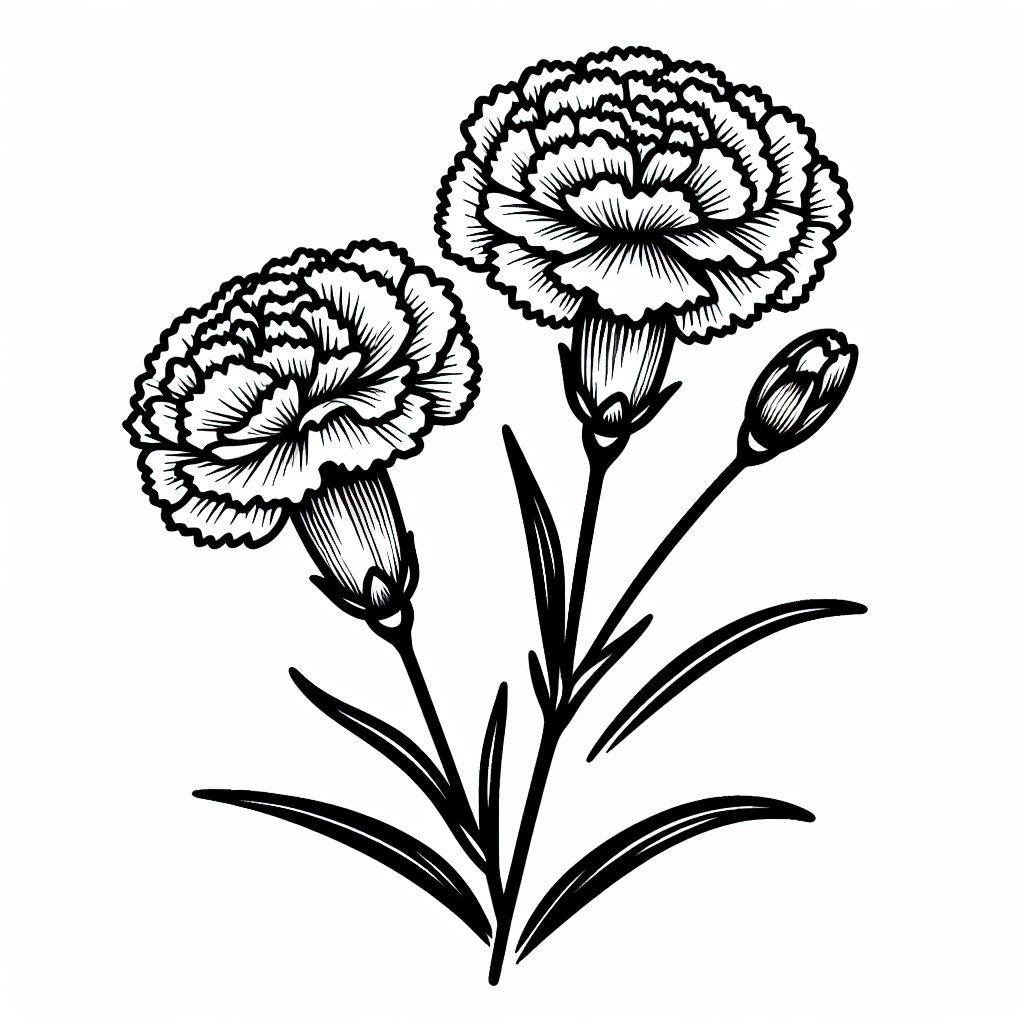 A black and white drawing of three flowers