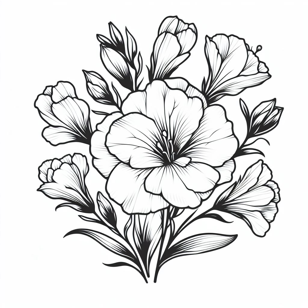 A black and white drawing of flowers