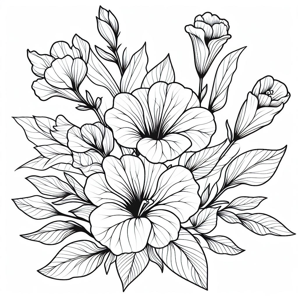 A bouquet of flowers with leaves on a white background