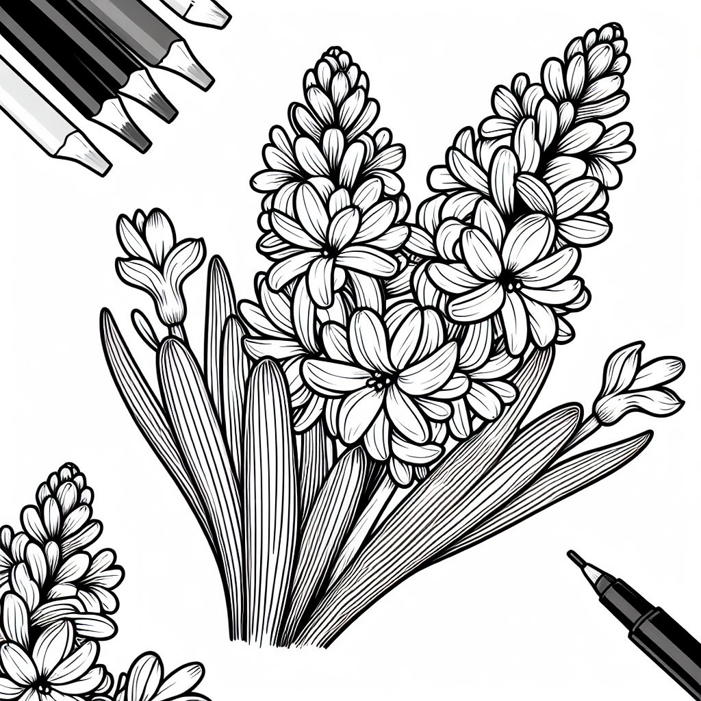 A black and white drawing of flowers and crayons