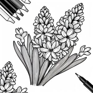 A black and white drawing of flowers and crayons