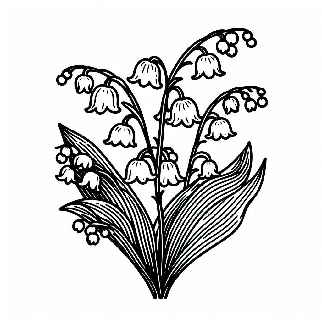 A black and white drawing of lily of the valley