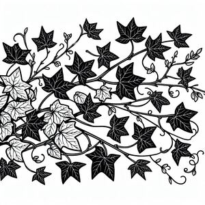 A black and white drawing of a vine with leaves