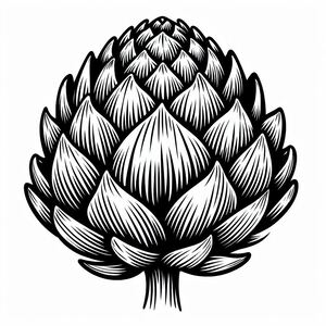 A black and white drawing of an artichoke