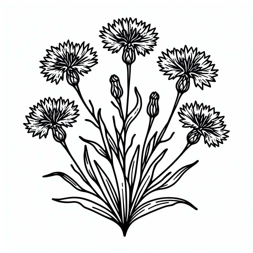 A black and white drawing of flowers on a white background