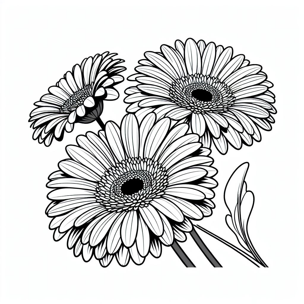 A black and white drawing of three daisies