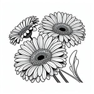 A black and white drawing of three daisies