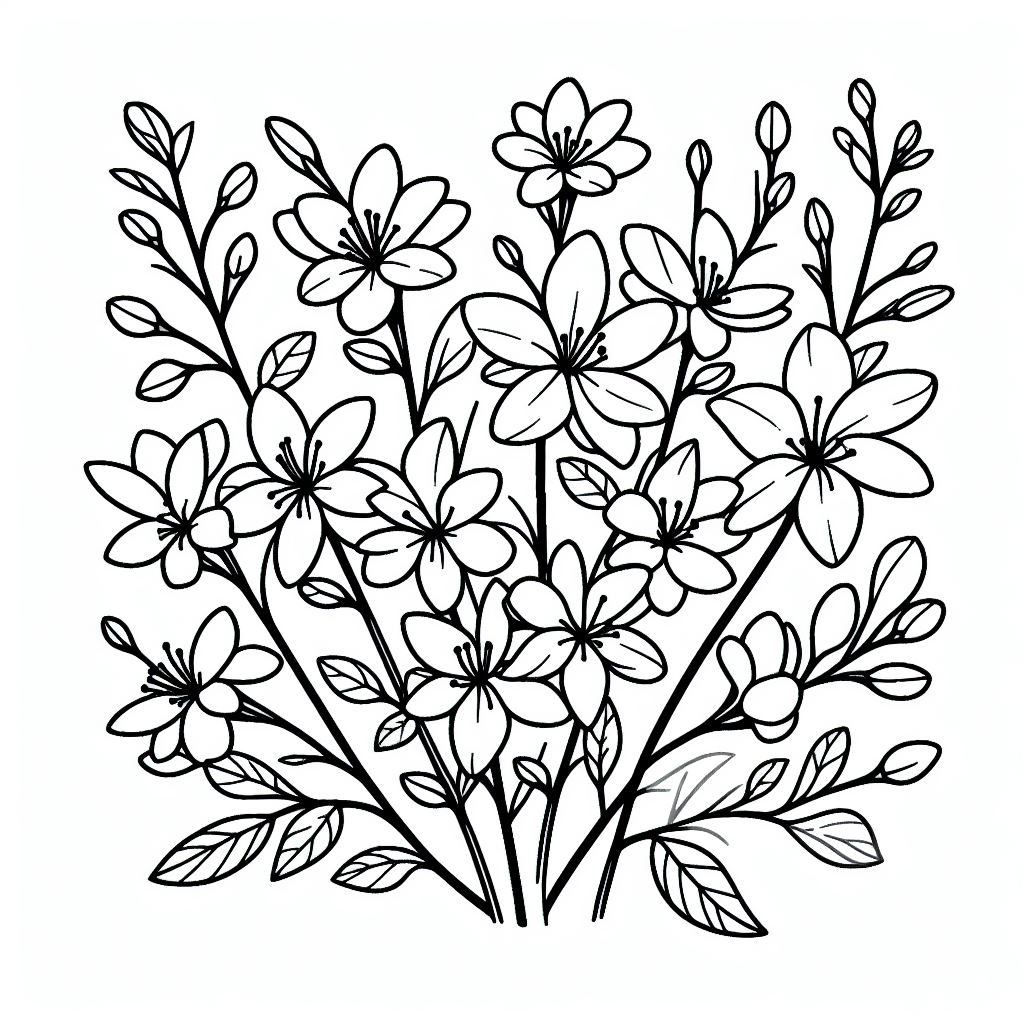 A black and white drawing of a bunch of flowers