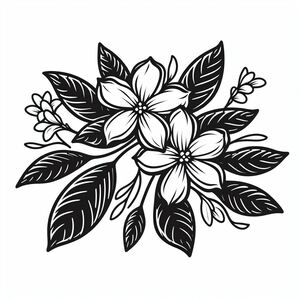 A black and white drawing of flowers on a white background