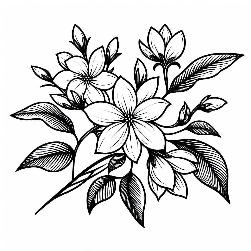 A black and white drawing of flowers