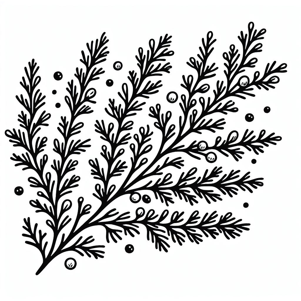 A black and white drawing of a branch