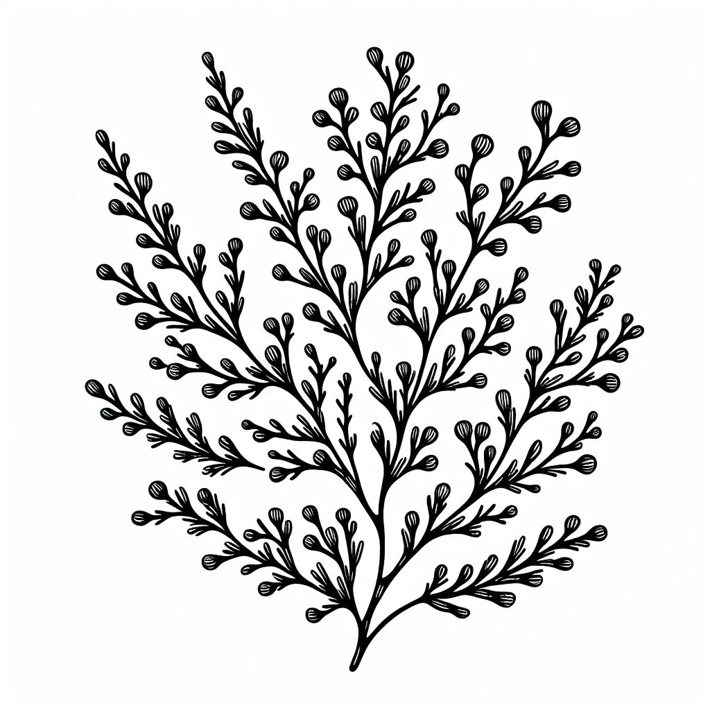 A black and white drawing of a plant