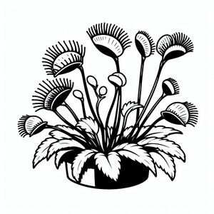 A black and white drawing of flowers in a vase