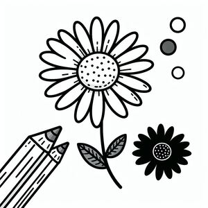 A black and white drawing of a flower and a pencil