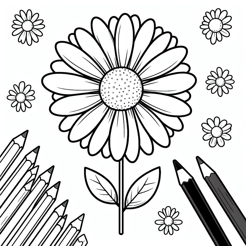 A flower with pencils and a flower coloring page