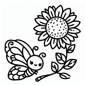 A black and white drawing of a sunflower and a bug