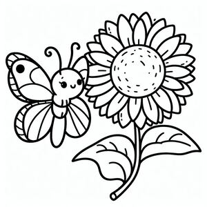 A black and white drawing of a sunflower and a butterfly 2