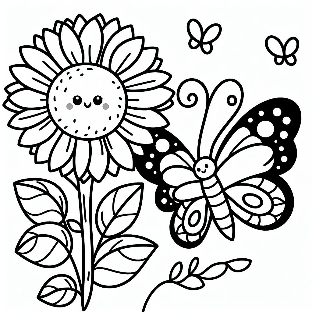 A black and white drawing of a sunflower and a butterfly