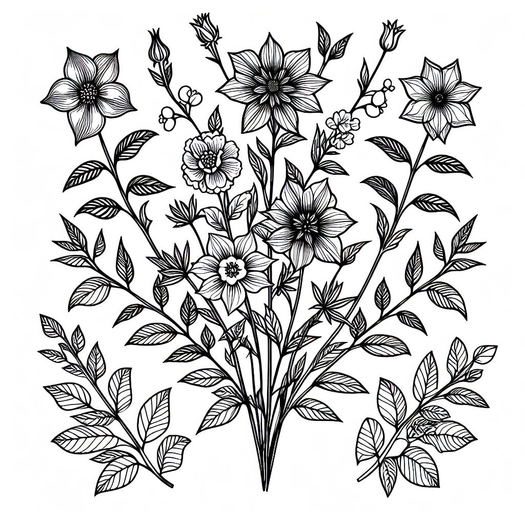 A black and white drawing of flowers