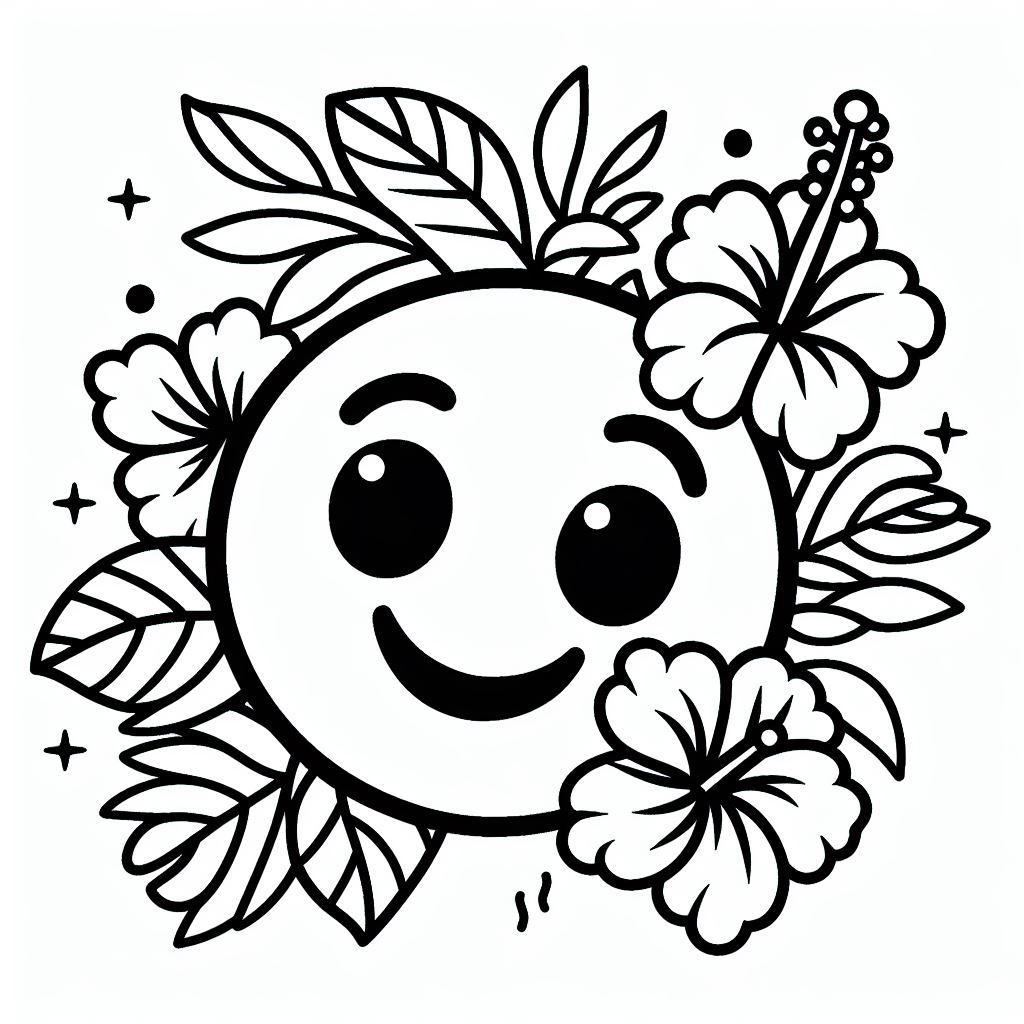 A black and white drawing of a smiley face surrounded by flowers